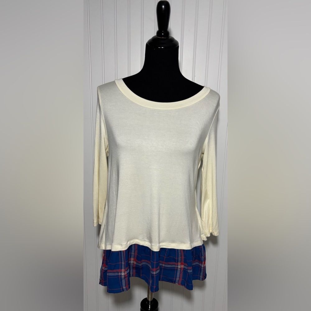 Bo Bel Boutique Blouse Plaid Layered Look Ivory Blue Preppy Womens Size Small